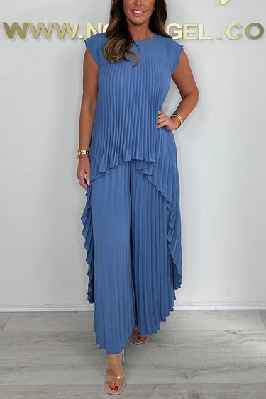 👗Laney Pleated Short Sleeve Irregular Midi Top and Elastic Waist Wide Leg Pants Set✨